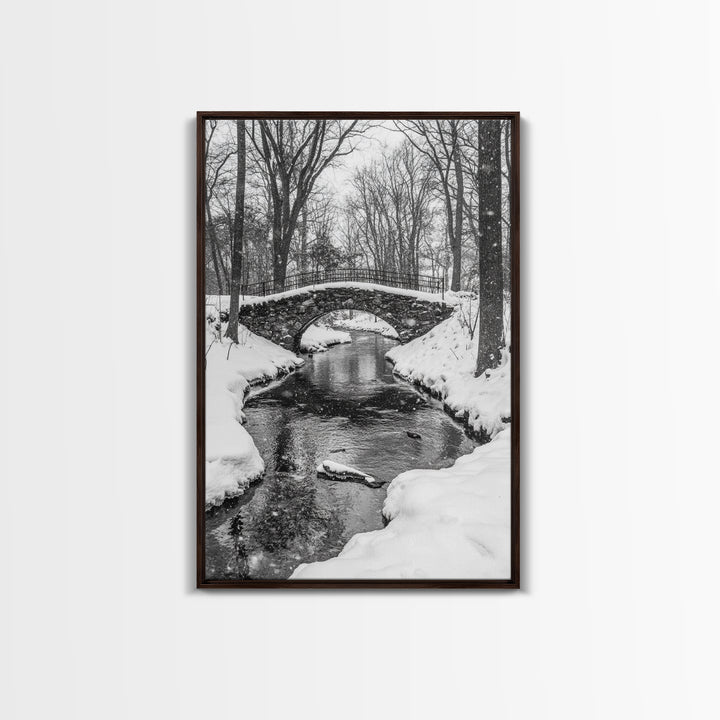 Stone Bridge, Winter Stream, Historic Pathway, Framed Canvas Print, Snowy Landscape Art, Traditional Living Room Wall Decor
