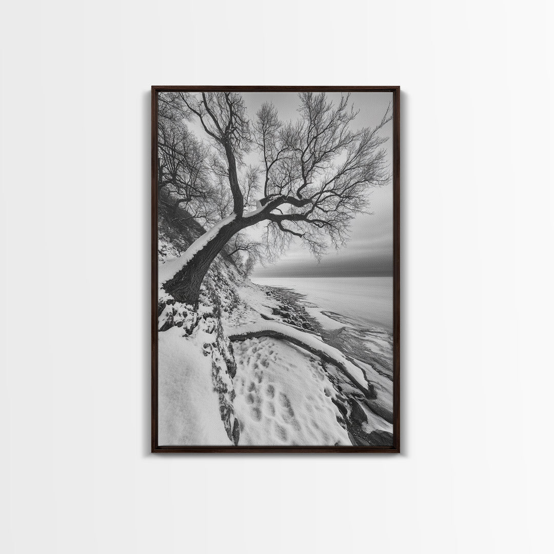 Coastal Snow, Barren Tree, Frozen Shoreline, Canvas Print, Serene Winter Decor, Entryway or Hallway Minimalist Wall Art