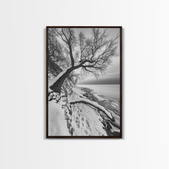 Coastal Snow, Barren Tree, Frozen Shoreline, Canvas Print, Serene Winter Decor, Entryway or Hallway Minimalist Wall Art