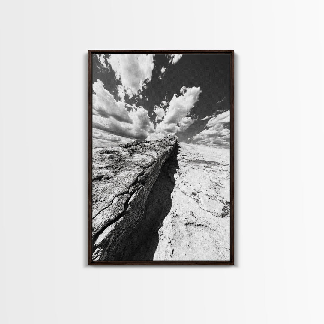 Desert Crack, Dramatic Sky, Harsh Terrain, Framed Canvas Print, Abstract Nature Photography, Rustic Office or Study Wall Art
