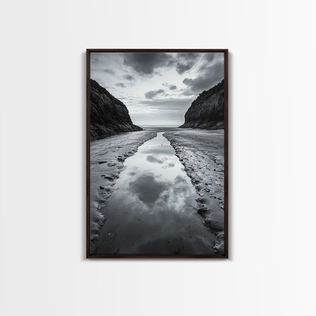 Ocean Reflection, Seaside Path, Moody Coastline, Canvas Print, Black and White Nature Photography, Modern Living Room Wall Art
