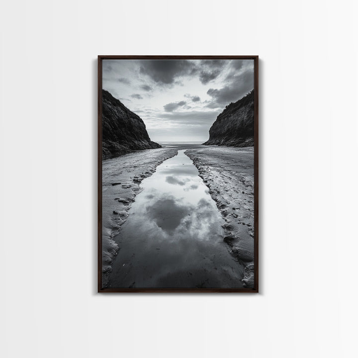 Ocean Reflection, Seaside Path, Moody Coastline, Canvas Print, Black and White Nature Photography, Modern Living Room Wall Art