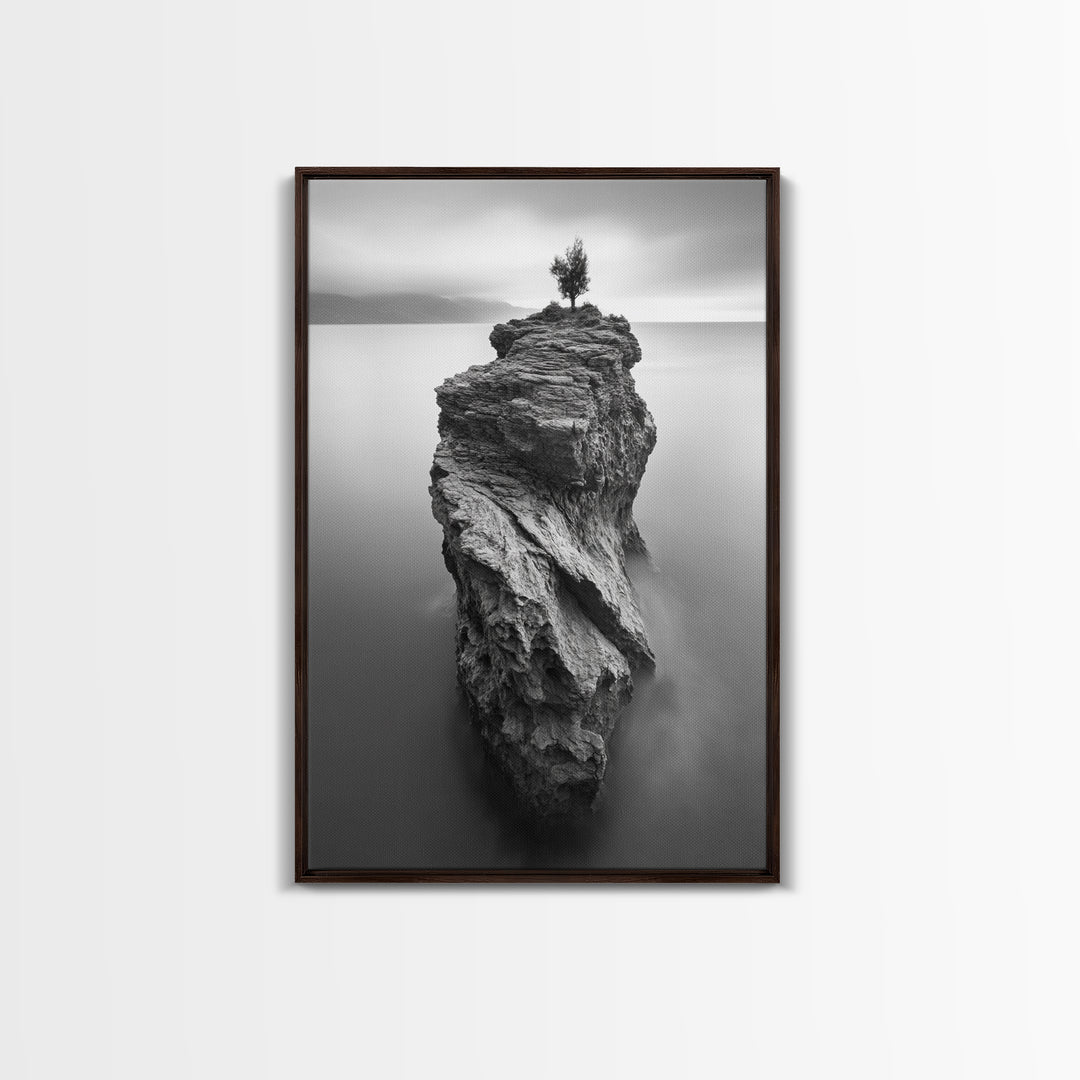 Solitary Cliff Tree, Calm Waters, Moody Horizon, Framed Canvas Print, Minimalist Nature Wall Art, Office Wall Decor, Zen Art