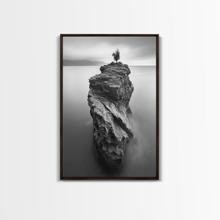 Solitary Cliff Tree, Calm Waters, Moody Horizon, Framed Canvas Print, Minimalist Nature Wall Art, Office Wall Decor, Zen Art
