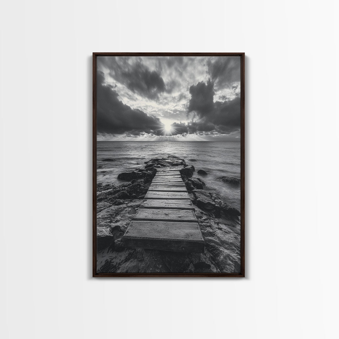 Ocean Pier Sunset, Dramatic Clouds, Seascape Pathway, Canvas Print, Coastal Living Room Art, Tranquil Decor, Minimalist Style