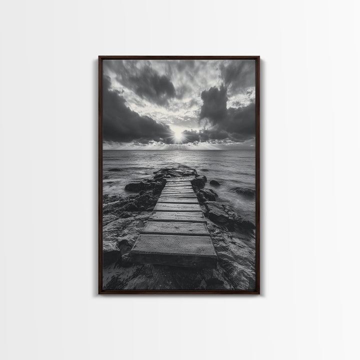 Ocean Pier Sunset, Dramatic Clouds, Seascape Pathway, Canvas Print, Coastal Living Room Art, Tranquil Decor, Minimalist Style