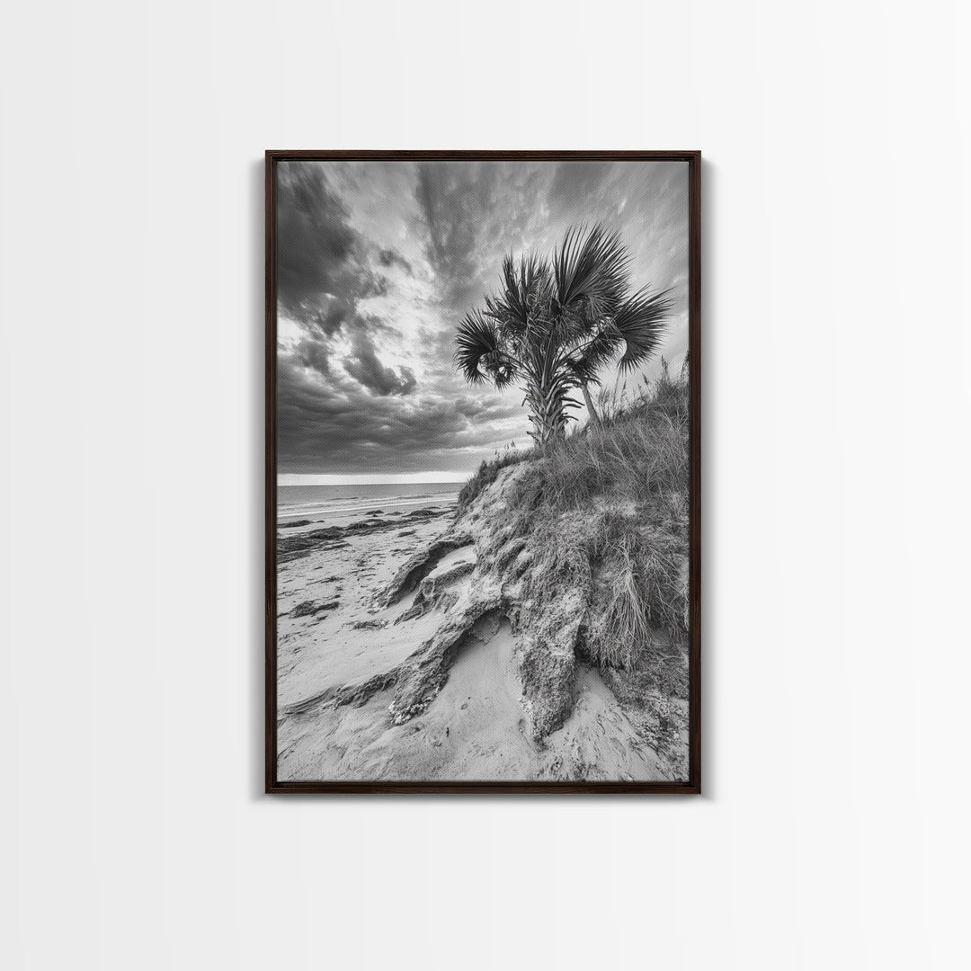 Palm Tree Beach, Coastal Dunes, Dramatic Sky, Framed Canvas Print, Tropical Wall Art, Boho Living Room Decor, Beach House Art