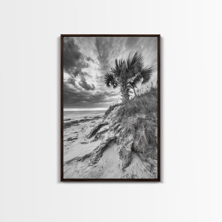 Palm Tree Beach, Coastal Dunes, Dramatic Sky, Framed Canvas Print, Tropical Wall Art, Boho Living Room Decor, Beach House Art