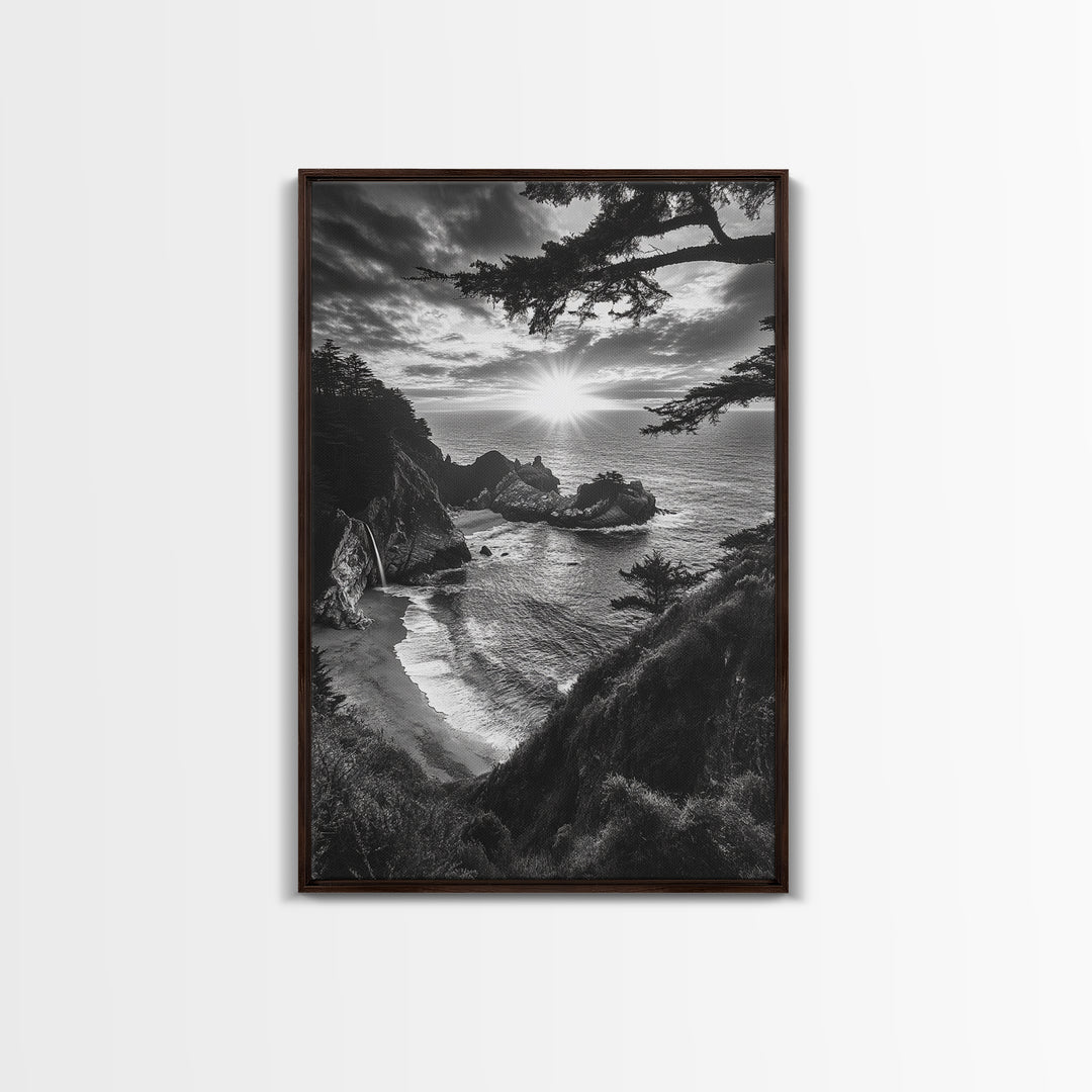 Cliffside Ocean View, Sunset Horizon, Trees Framing Sky, Canvas Print, Coastal Landscape Art, Cabin Living Room Decor, Moody Style