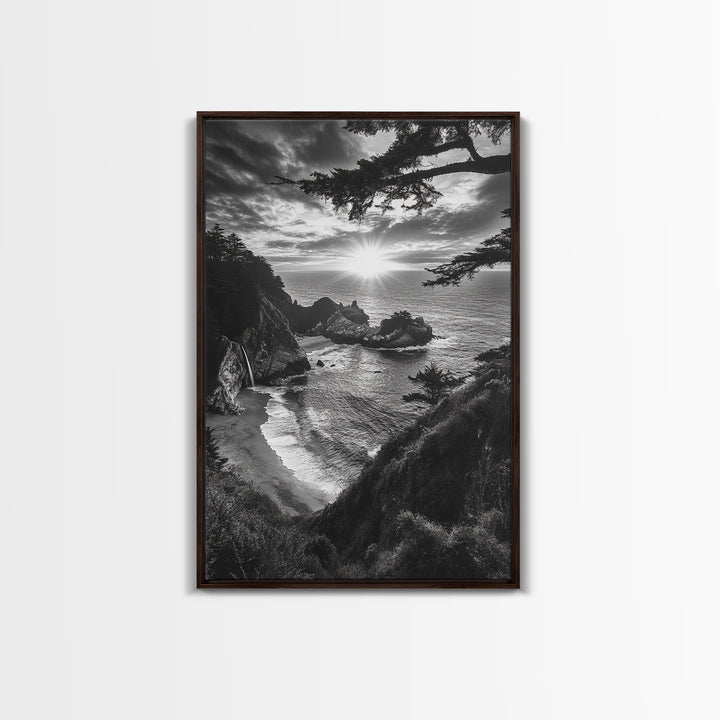 Cliffside Ocean View, Sunset Horizon, Trees Framing Sky, Canvas Print, Coastal Landscape Art, Cabin Living Room Decor, Moody Style