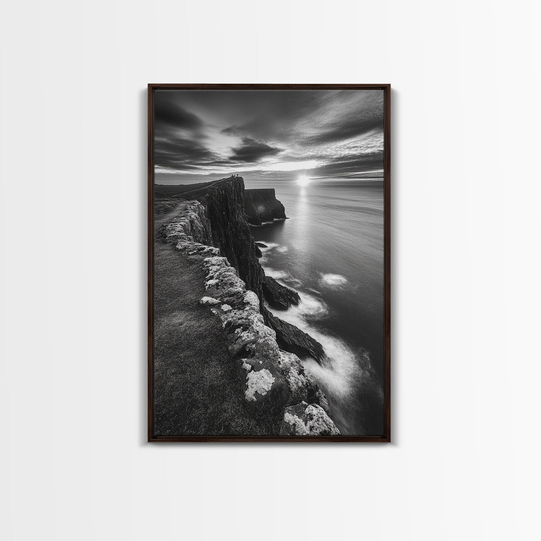 Rugged Sea Cliffs, Sunset Horizon, Serene Waters, Framed Canvas Print, Modern Nature Wall Art, Office Decor, Coastal Aesthetic