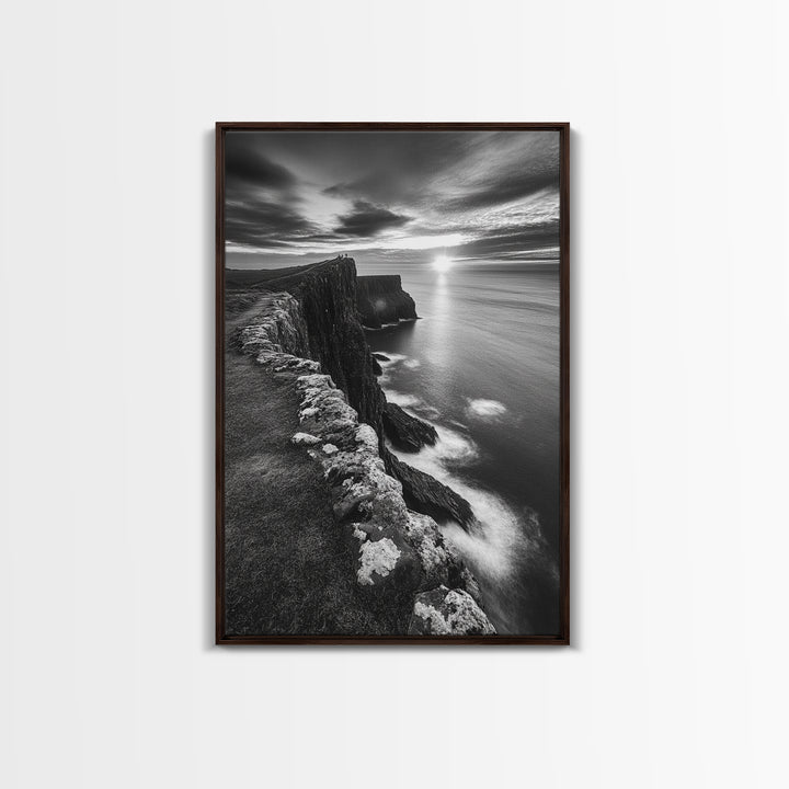 Rugged Sea Cliffs, Sunset Horizon, Serene Waters, Framed Canvas Print, Modern Nature Wall Art, Office Decor, Coastal Aesthetic