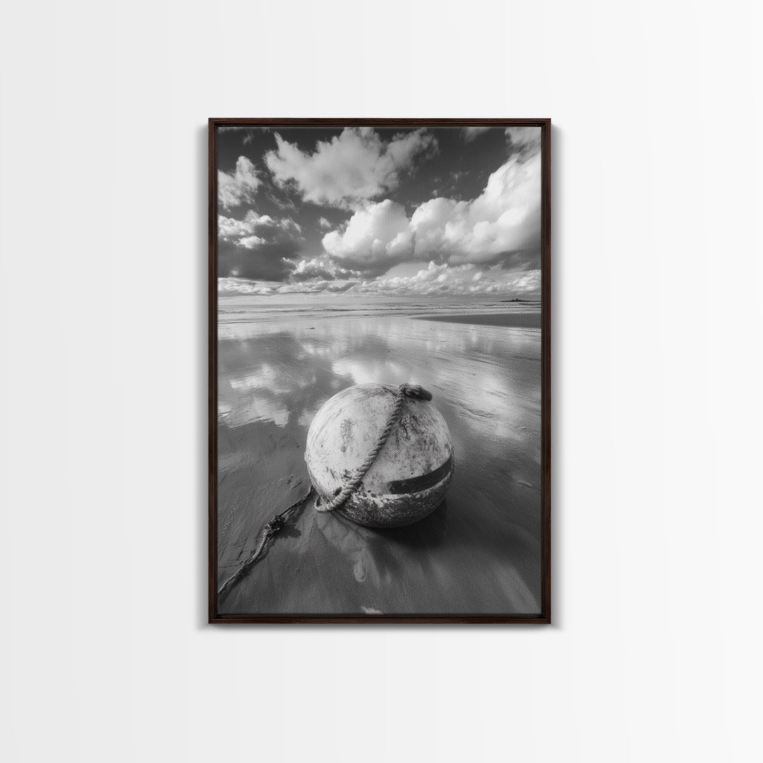 Washed buoy shore, coastal solitude, beach reflections, nautical simplicity, Framed Canvas Print, guest room art, seaside rustic wall decor