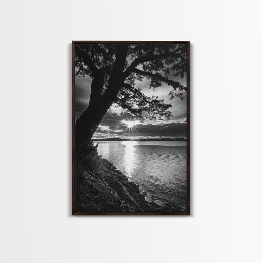 Tranquil Lake Sunset, Tree Silhouette, Calm Waters, Canvas Print, Nature Inspired Wall Art, Relaxing Bedroom Decor, Minimalist Zen