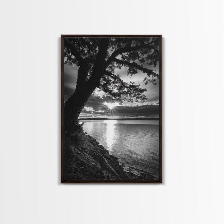 Tranquil Lake Sunset, Tree Silhouette, Calm Waters, Canvas Print, Nature Inspired Wall Art, Relaxing Bedroom Decor, Minimalist Zen