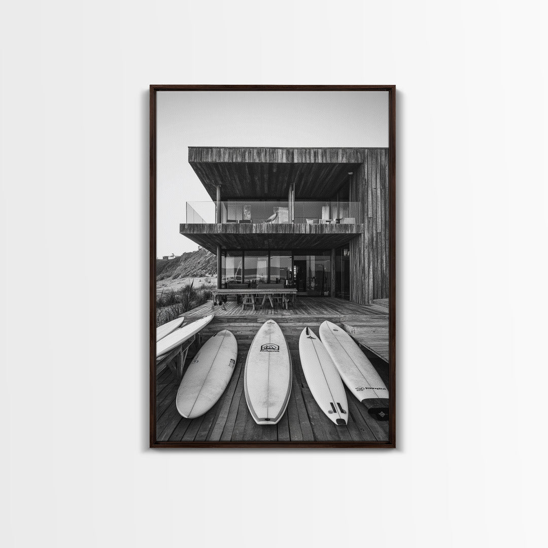 Surf Shack, Beach House, Modern Architecture, Coastal Lifestyle, Framed Canvas Print, Living Room Art, Nautical Wall Decor, Surf Wall Art