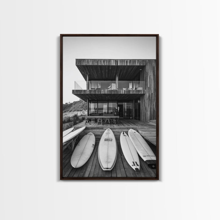 Surf Shack, Beach House, Modern Architecture, Coastal Lifestyle, Framed Canvas Print, Living Room Art, Nautical Wall Decor, Surf Wall Art