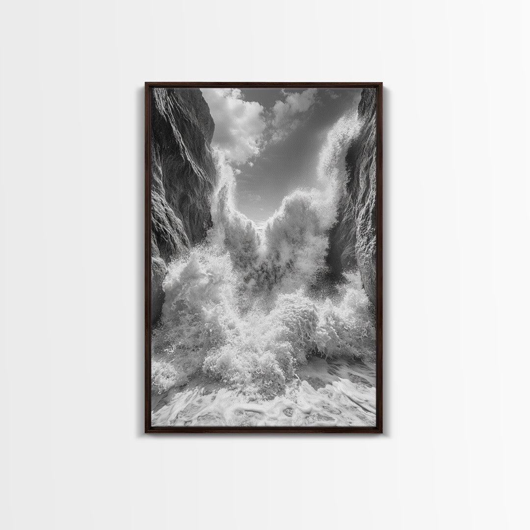 Ocean Splash, Cliff Waves, Nature Power, Dramatic Seascape, Framed Canvas Print, Living Room Statement, Black and White Wall Art
