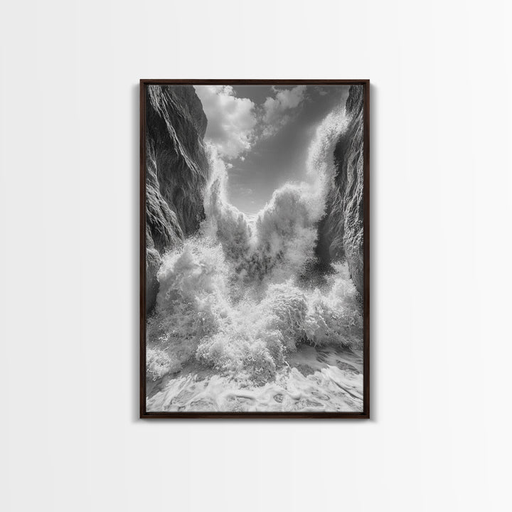 Ocean Splash, Cliff Waves, Nature Power, Dramatic Seascape, Framed Canvas Print, Living Room Statement, Black and White Wall Art