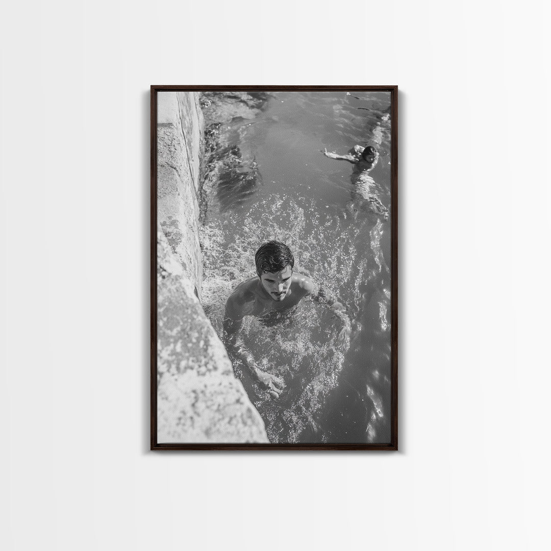 Swimmers, Summer Water, Beach Moment, Candid Photography, Framed Canvas Print, Bathroom Wall Art, Youthful Energetic Decor