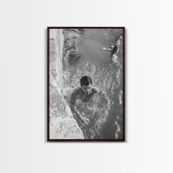 Swimmers, Summer Water, Beach Moment, Candid Photography, Framed Canvas Print, Bathroom Wall Art, Youthful Energetic Decor
