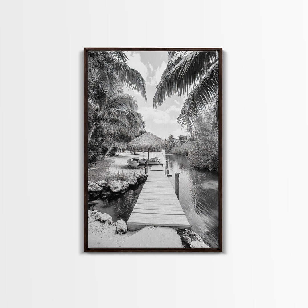 Tropical Dock, Island Escape, Palm Tree Beach, Secluded Lagoon, Canvas Print, Coastal Kitchen Art, Boho Tropical Wall Decor