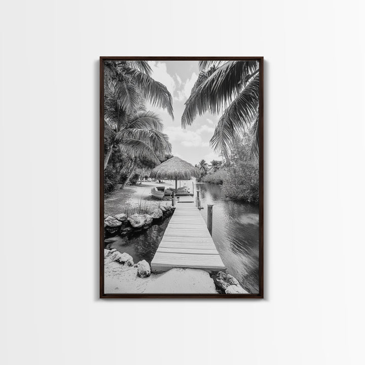 Tropical Dock, Island Escape, Palm Tree Beach, Secluded Lagoon, Canvas Print, Coastal Kitchen Art, Boho Tropical Wall Decor