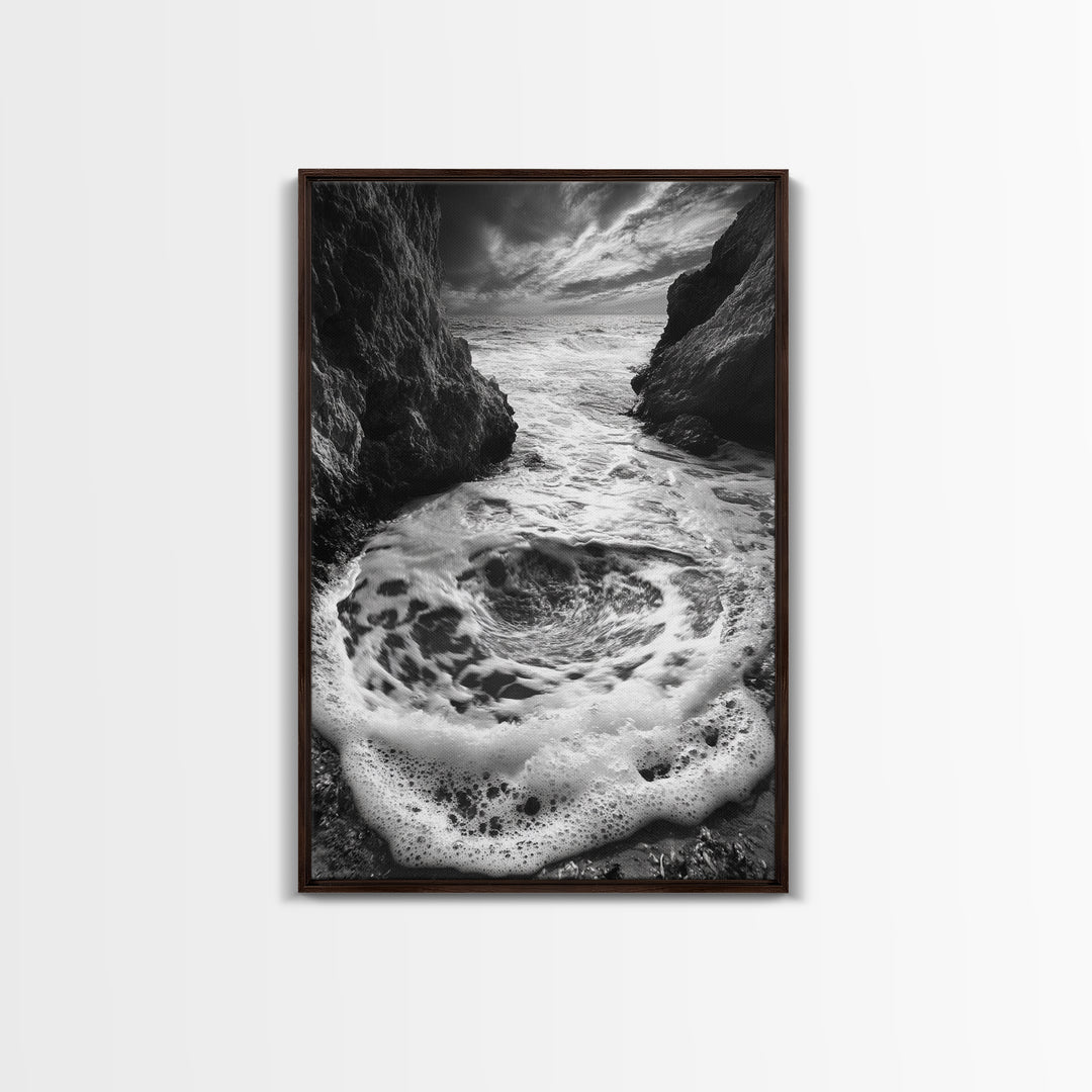 Sea Whirlpool, Dramatic Ocean, Coastal Rocks, Nature Motion, Framed Canvas Print, Bathroom Art, Modern Seaside Wall Decor