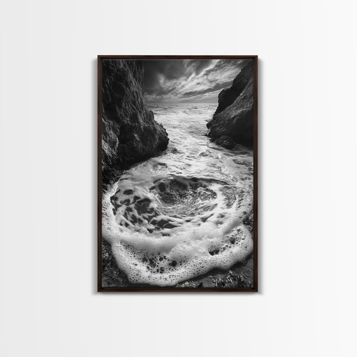 Sea Whirlpool, Dramatic Ocean, Coastal Rocks, Nature Motion, Framed Canvas Print, Bathroom Art, Modern Seaside Wall Decor
