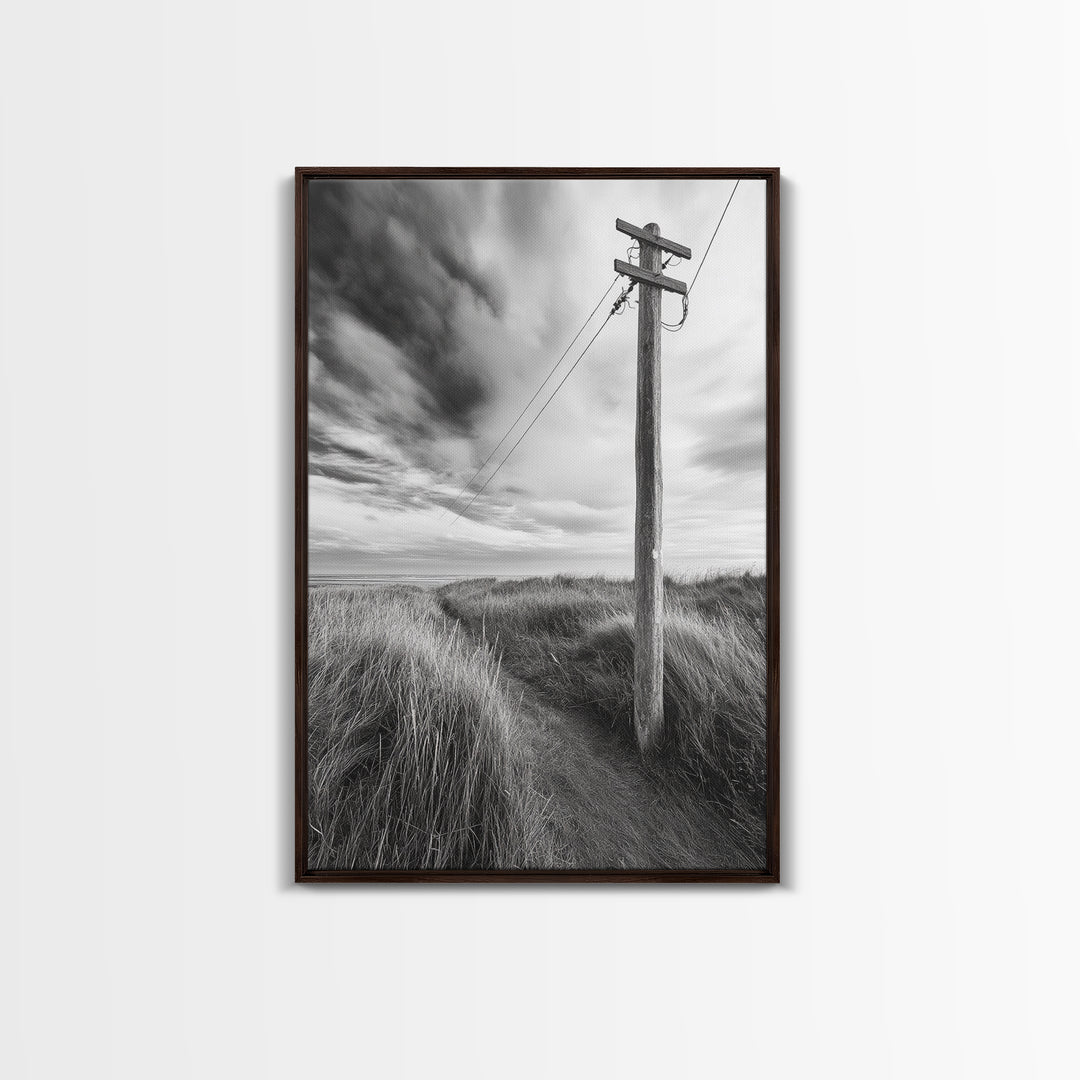 Coastal Path, Telephone Pole, Cloudy Sky, Minimal Nature Scene, Canvas Print, Entryway Wall Art, Rustic Landscape Photography Decor