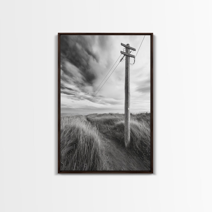 Coastal Path, Telephone Pole, Cloudy Sky, Minimal Nature Scene, Canvas Print, Entryway Wall Art, Rustic Landscape Photography Decor