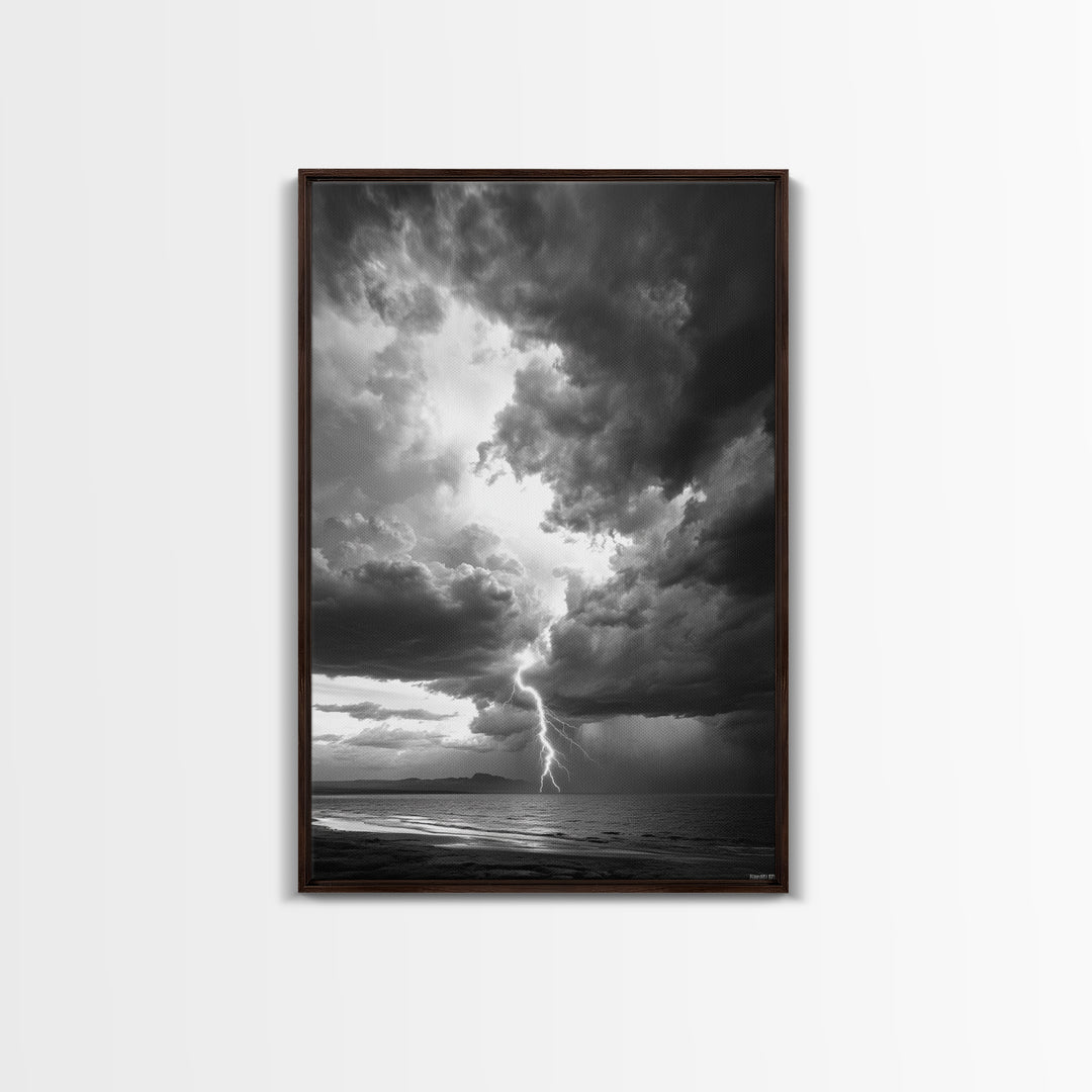 Lightning Strike Beach, Stormy Sky Photography, Dramatic Landscape, Office Wall Art, Nature Scene, Framed Canvas Print, Bold Wall Decor