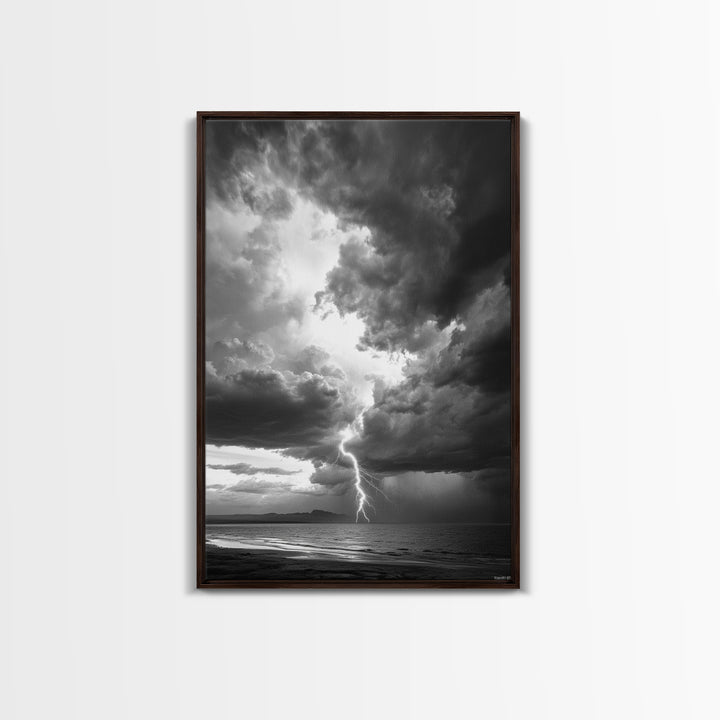 Lightning Strike Beach, Stormy Sky Photography, Dramatic Landscape, Office Wall Art, Nature Scene, Framed Canvas Print, Bold Wall Decor