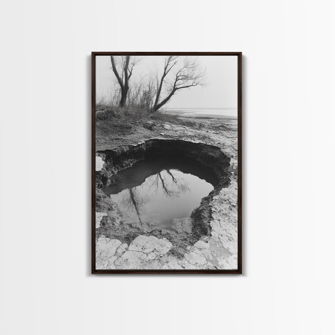 Reflected Trees Pool, Black White Nature, Moody Autumn Wall Art, Rustic Minimalist Style, Framed Canvas Print, Entryway Home Decor