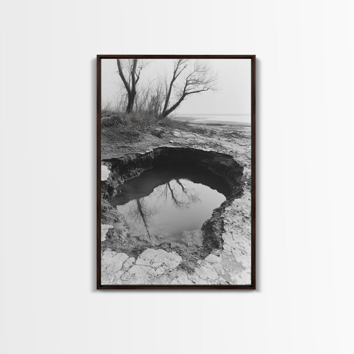 Reflected Trees Pool, Black White Nature, Moody Autumn Wall Art, Rustic Minimalist Style, Framed Canvas Print, Entryway Home Decor