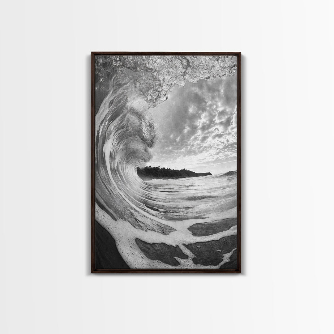 Ocean Wave Tunnel, Surfer's Eye View, Coastal Landscape, Bathroom Wall Art, Adventure Vibes, Framed Canvas Print, Black White Photography