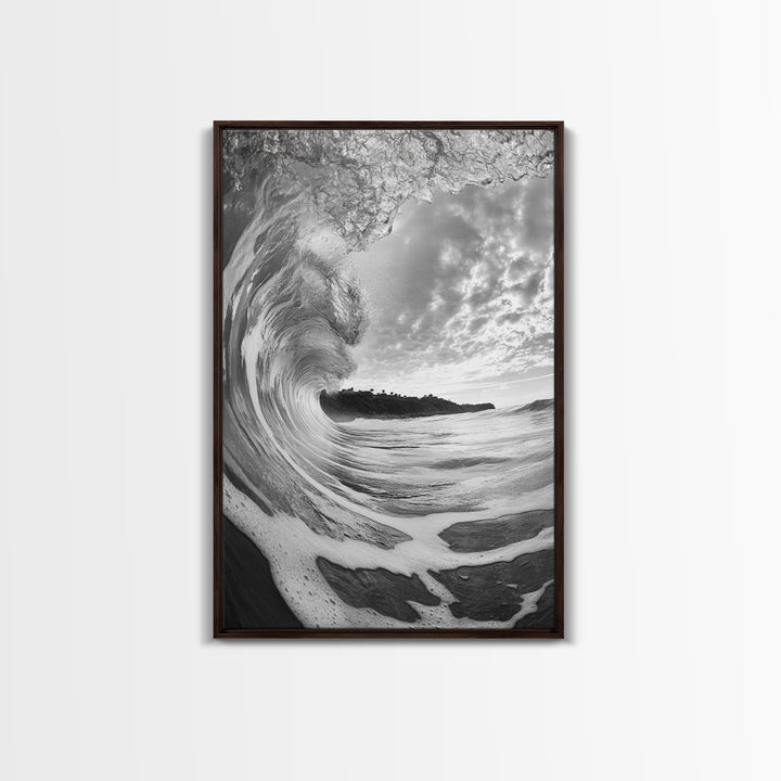Ocean Wave Tunnel, Surfer's Eye View, Coastal Landscape, Bathroom Wall Art, Adventure Vibes, Framed Canvas Print, Black White Photography
