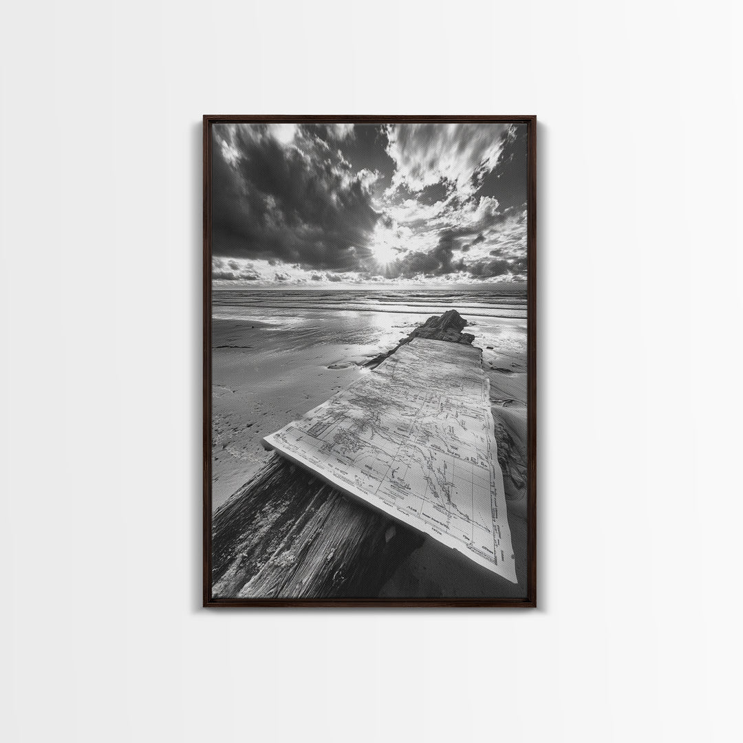 Map On Beach, Travel Adventure Art, Wanderlust Decor, Coastal Office Style, Framed Canvas Print, Explorer Aesthetic, Black White Scene