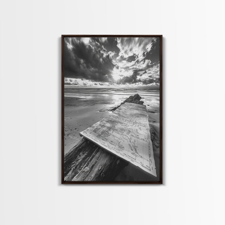 Map On Beach, Travel Adventure Art, Wanderlust Decor, Coastal Office Style, Framed Canvas Print, Explorer Aesthetic, Black White Scene