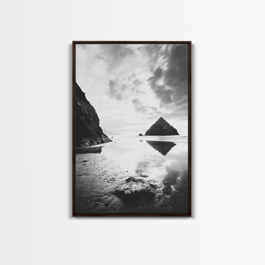 Remote beach reflection, lone hiker wanderlust, coastal rockscape, black white dreamscape, Framed Canvas Print, living room moody decor