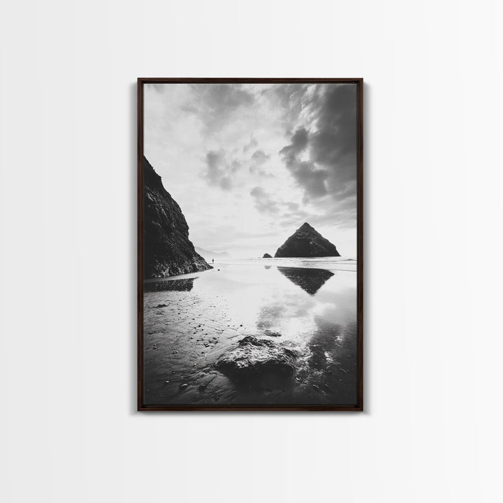 Remote beach reflection, lone hiker wanderlust, coastal rockscape, black white dreamscape, Framed Canvas Print, living room moody decor