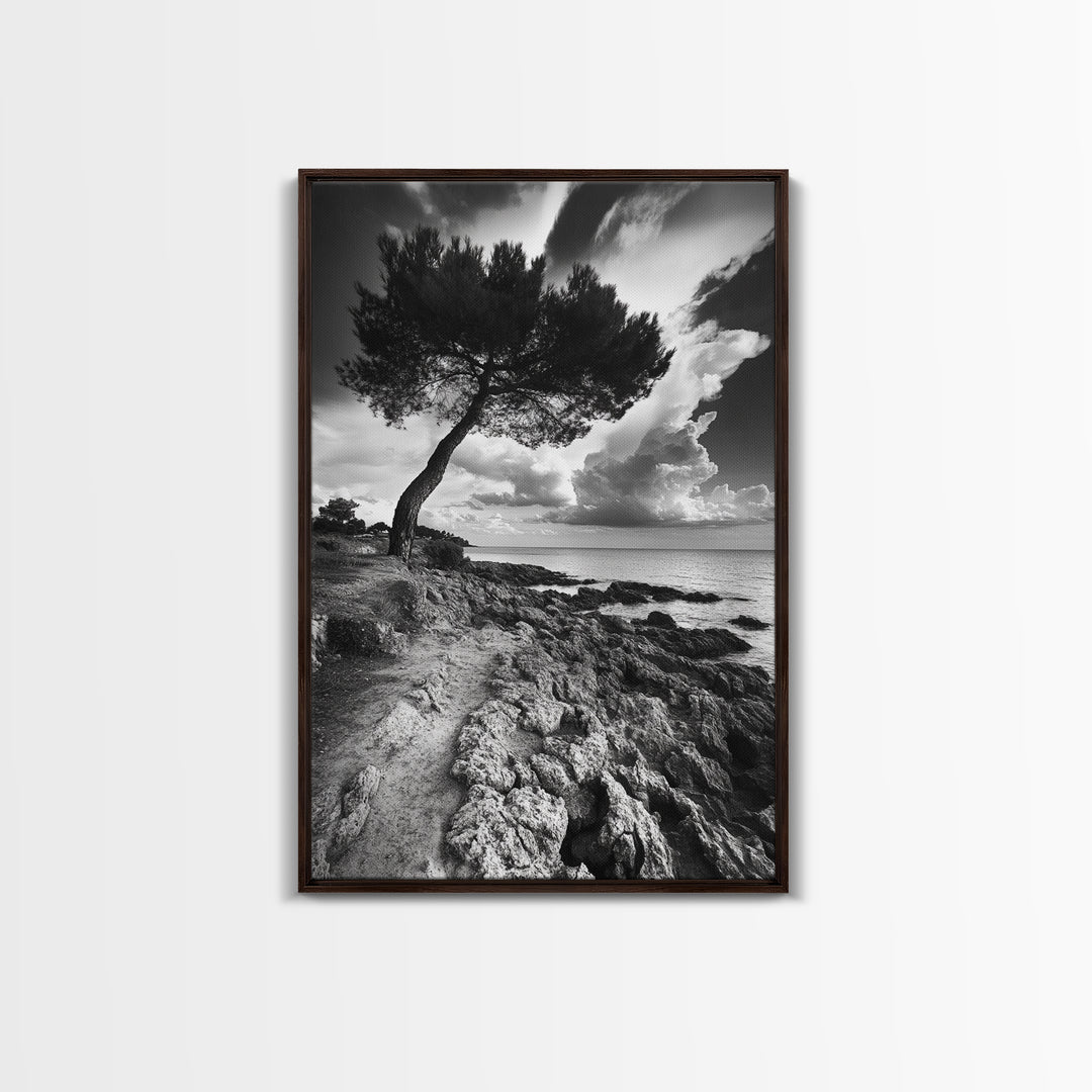 Wind Bent Tree, Coastal Cliff, Solitary Beauty, Canvas Print, Nature Photography Wall Art, Minimalist Earthy Decor, Moody Landscape