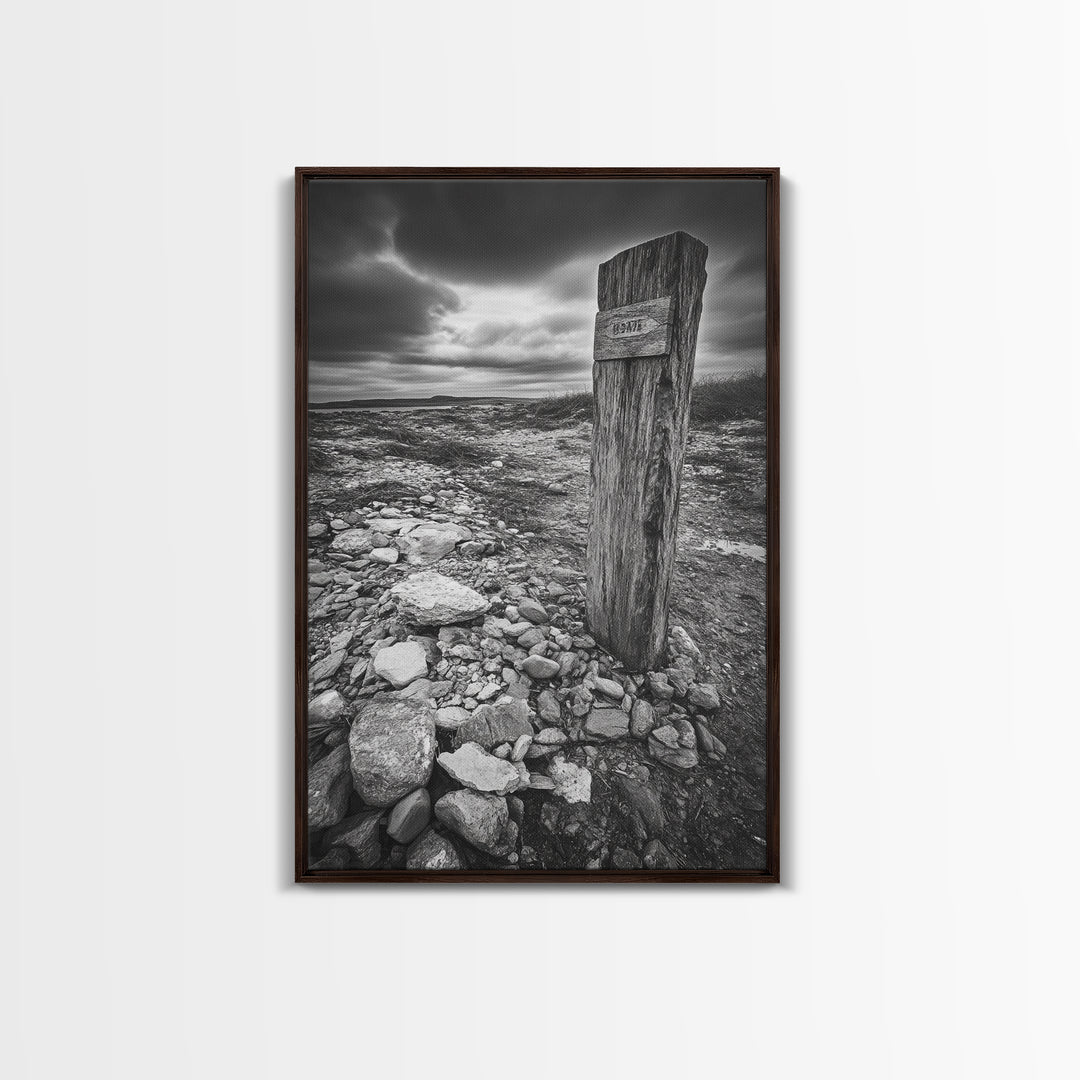 Weathered Exit, Symbolic Marker, Coastal Path, Canvas Print, Rustic Wall Art, Moody Landscape Decor, Entryway Statement Piece