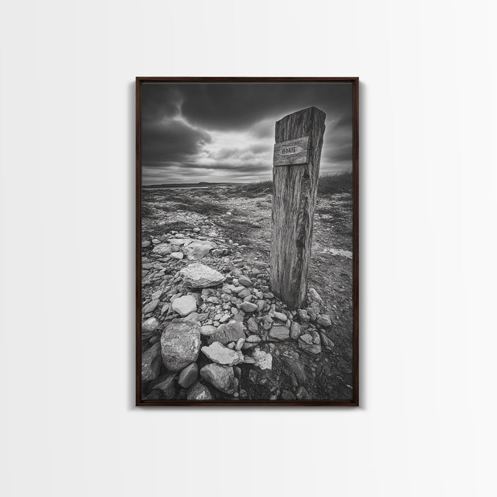 Weathered Exit, Symbolic Marker, Coastal Path, Canvas Print, Rustic Wall Art, Moody Landscape Decor, Entryway Statement Piece