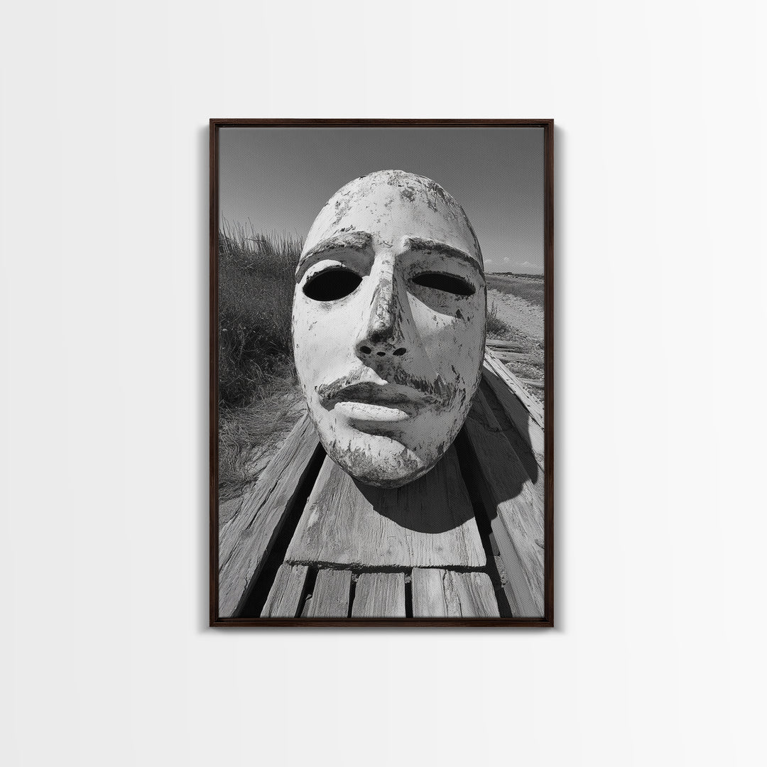 Weathered Mask, Coastal Surreal, Driftwood Dream, Canvas Print, Abstract Wall Art, Rustic Home Decor, Boho Artistic Style