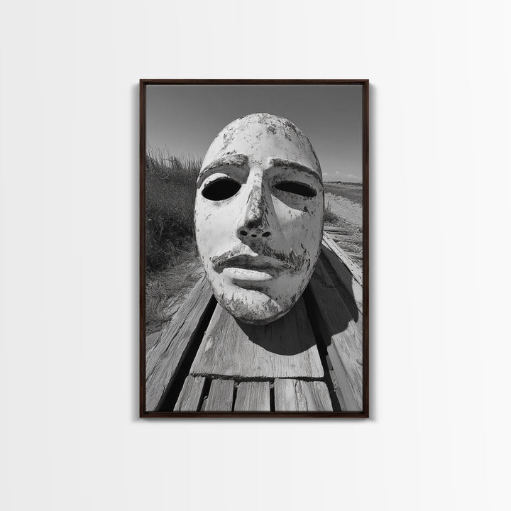 Weathered Mask, Coastal Surreal, Driftwood Dream, Canvas Print, Abstract Wall Art, Rustic Home Decor, Boho Artistic Style