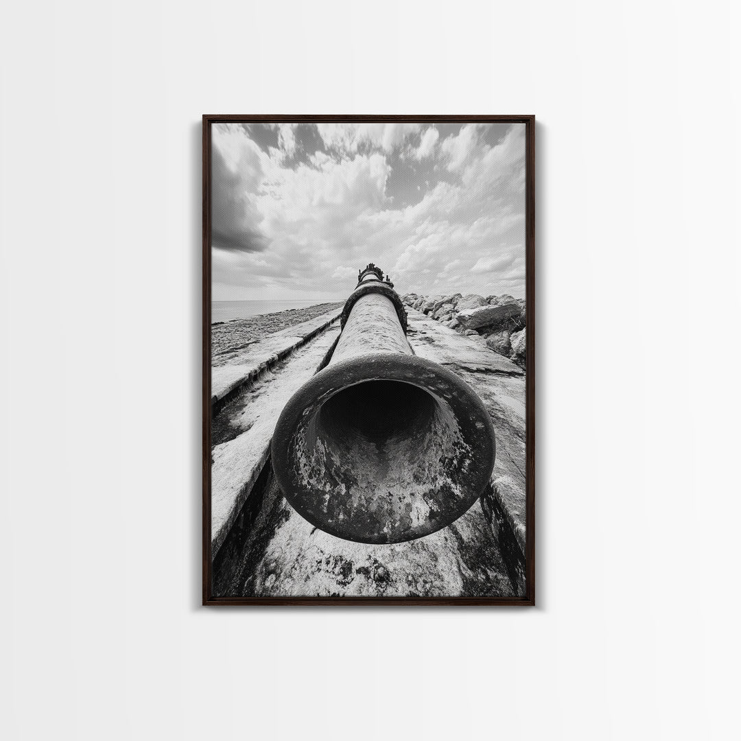 Abandoned Pipe, Coastal Decay, Industrial Remains, Framed Canvas Print, Urban Exploration Art, Gritty Minimalist Decor