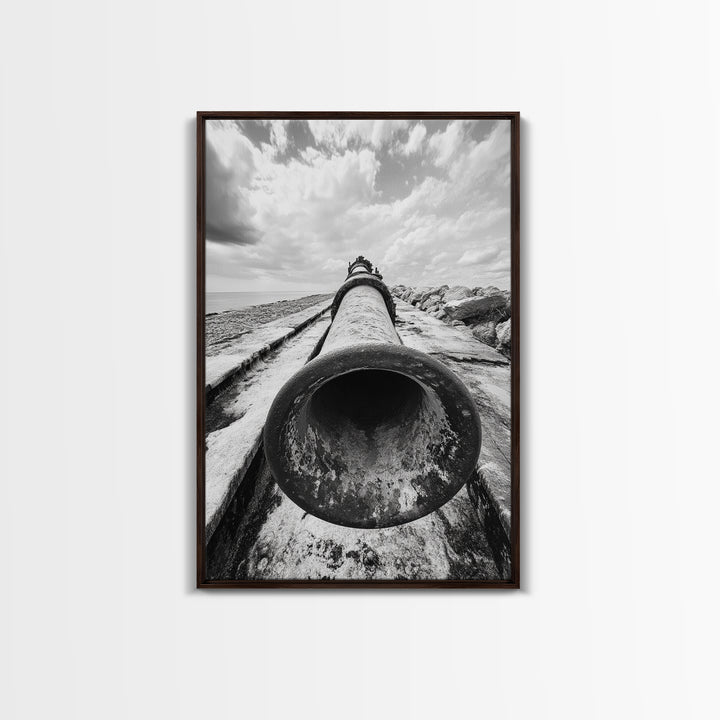 Abandoned Pipe, Coastal Decay, Industrial Remains, Framed Canvas Print, Urban Exploration Art, Gritty Minimalist Decor