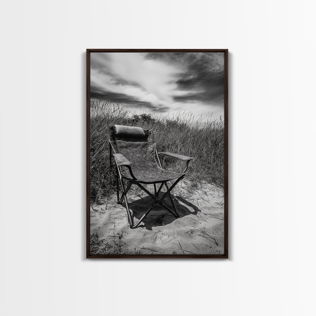 Deserted beach chair, quiet coast vibes, windswept scene, peaceful solitude, Canvas Print, hallway decor, rustic retreat outdoor artwork