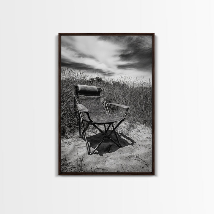 Deserted beach chair, quiet coast vibes, windswept scene, peaceful solitude, Canvas Print, hallway decor, rustic retreat outdoor artwork